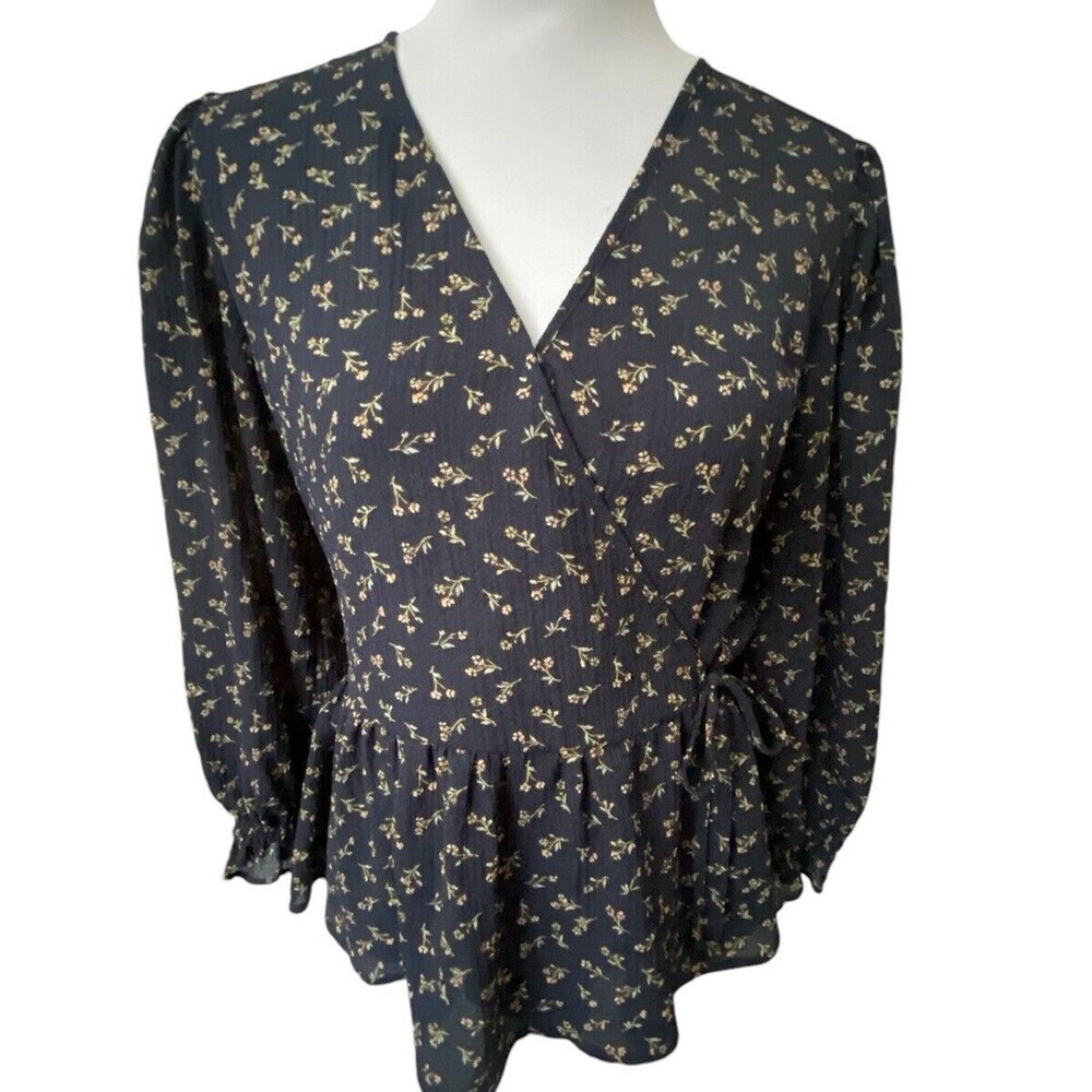 Madewell Navy Blue Ditsy Country  Floral Cottagecore Peplum Ruffle Wrap Top Sz S